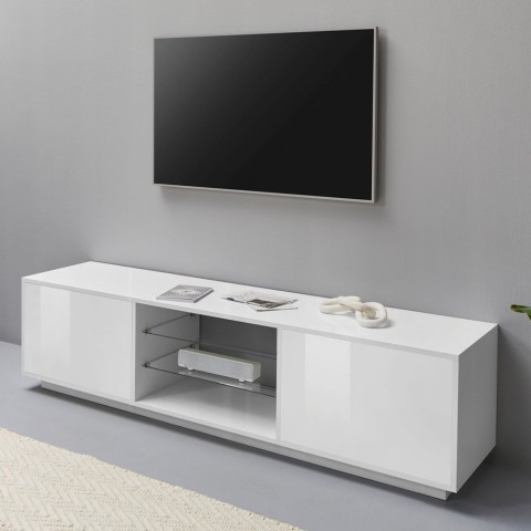 Meuble TV salon salle à manger design moderne blanc 180cm Douvres Promotion