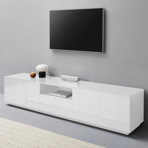 Meuble TV 220cm salon design moderne blanc Aston