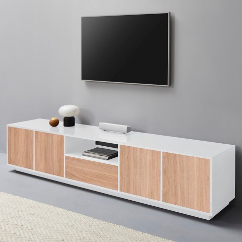 Meuble TV de salon design moderne en bois blanc 220cm salon Aston Wood Promotion