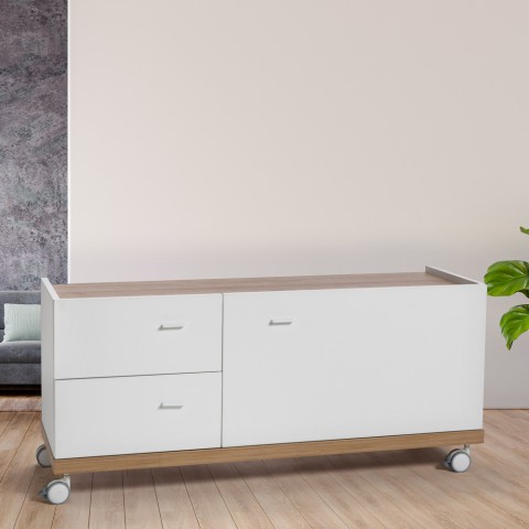 Meuble TV Blanc sur roulettes en bois avec tiroirs et porte Design Moderne
