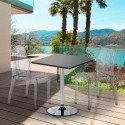 Vierkante salontafel zwart 70x70 cm met stalen onderstel en 2 transparante stoelen Dune Platinum Aanbod