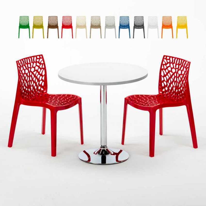 Table Ronde Blanche 70x70cm Avec 2 Chaises Colorées Grand Soleil Set Intérieur Bar Café Gruvyer Long Island Modèle
