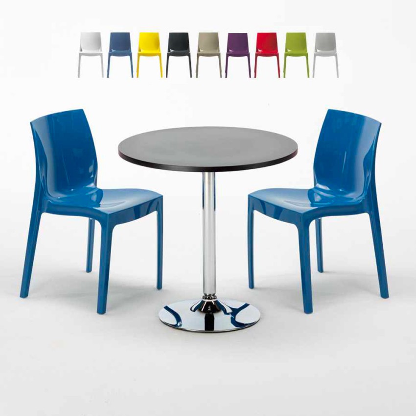 Ronde salontafel zwart 70x70 cm met stalen onderstel en 2 gekleurde stoelen Ice Cosmopolitan Aanbod