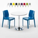 Ronde salontafel wit 70x70 cm met stalen onderstel en 2 gekleurde stoelen Ice Long Island Aanbod