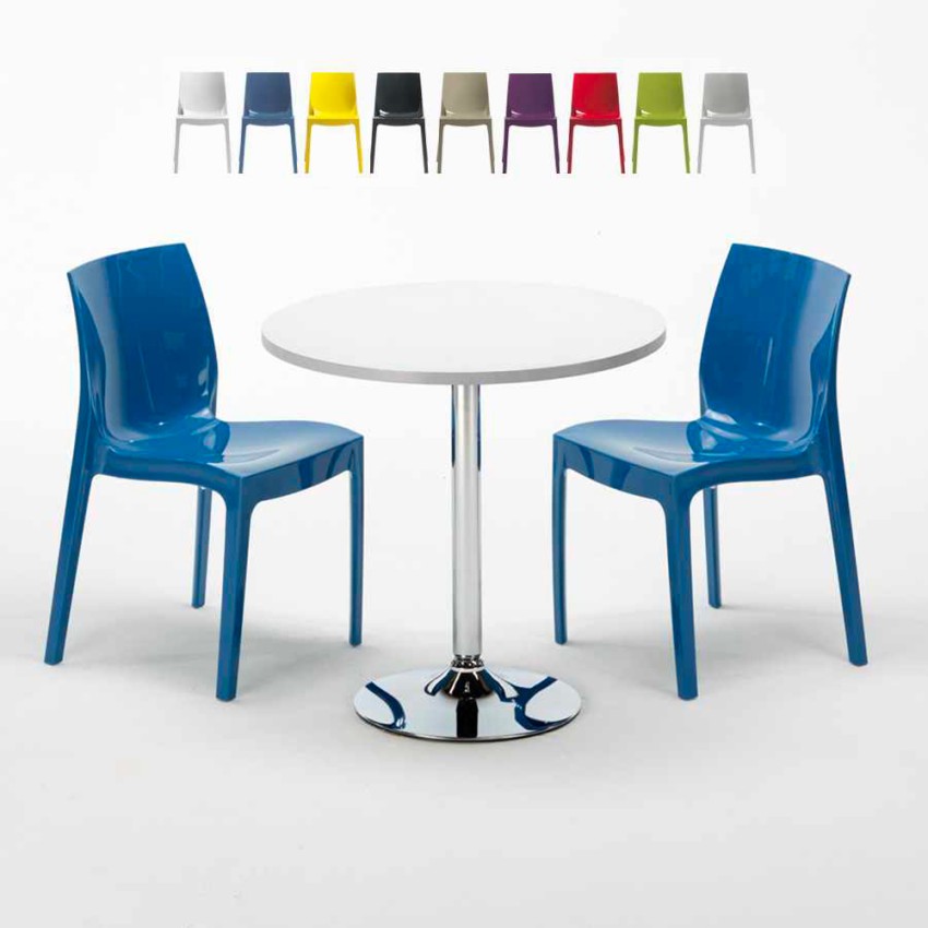 Table Ronde Blanche 70x70cm Avec 2 Chaises Colorées Grand Soleil Set Intérieur Bar Café Ice Long Island Offre
