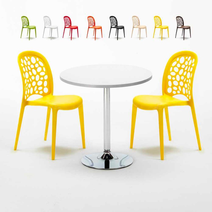 Ronde salontafel wit 70x70 cm en 2 gekleurde stoelen Wedding Long Island Korting