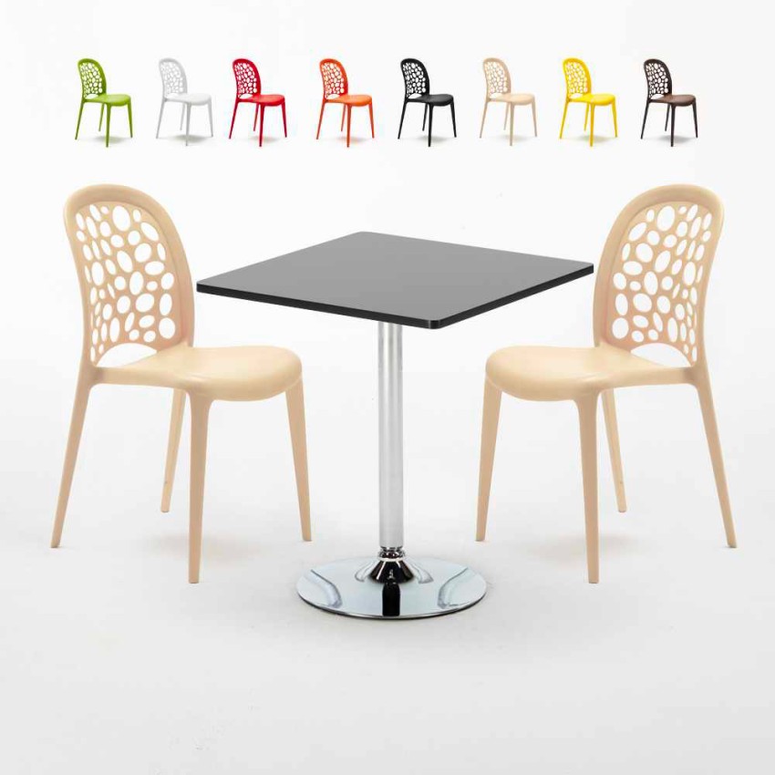 Table Carrée Noire 70x70cm et 2 Chaises Colorées Set Intérieur Bar Café WEDDING Mojito Offre