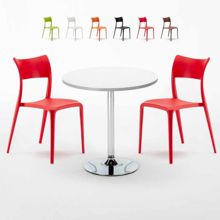 Ronde salontafel wit 70x70 cm met stalen onderstel en 2 gekleurde stoelen Parisienne Long Island Kortingen