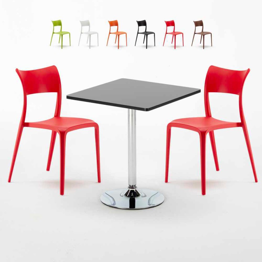 Rechthoekige salontafel zwart 70x70 cm met stalen onderstel en 2 gekleurde stoelen Parisienne Mojito Kortingen