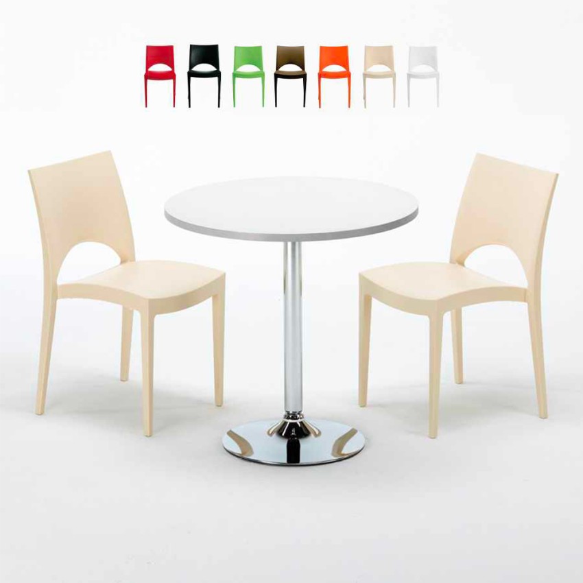 Table Ronde Blanche 70x70cm Avec 2 Chaises Colorées Grand Soleil Set Intérieur Bar Café Paris Long Island Vente