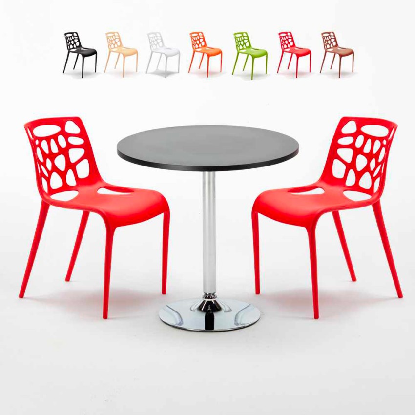 Table ronde noire 70x70 et 2 Chaises Colorées bar café Gelateria Cosmopolitan Catalogue