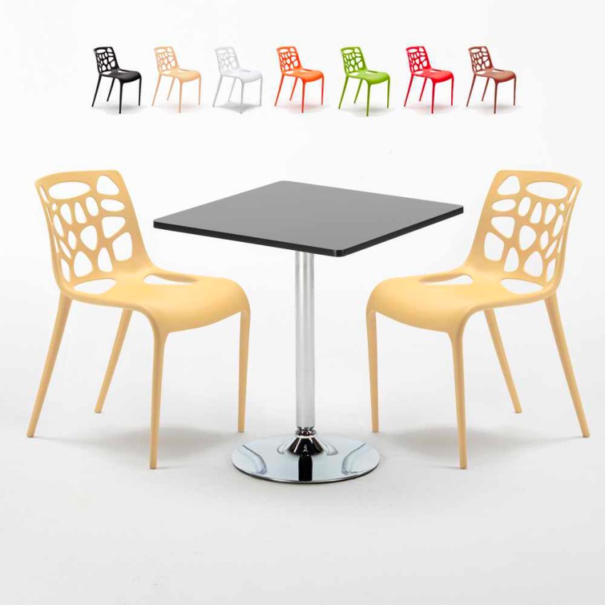 Table Carrée Noire 70x70cm 2 Chaises Colorées Intérieur Bar Café Gelateria Mojito Offre