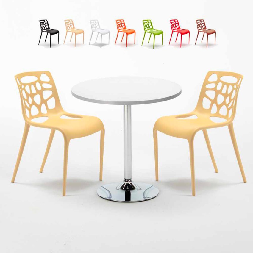 Table blanche ronde 70x70cm 2 Chaises colorées intérieur bar café Gelateria Long Island Offre