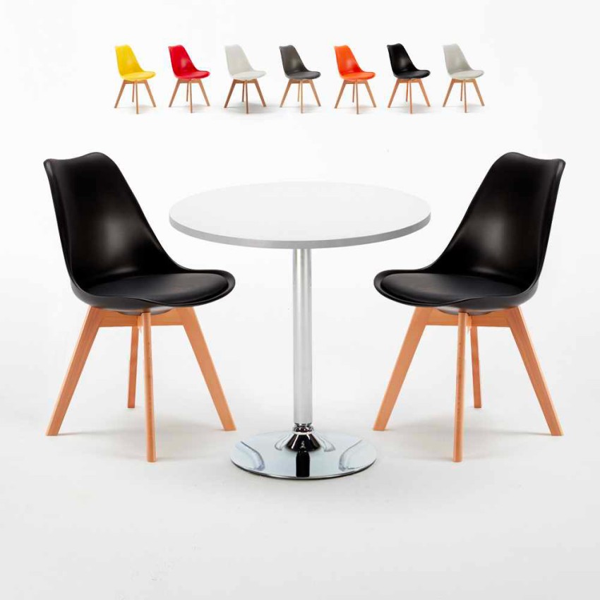 Ronde salontafel wit 70x70 cm en 2 gekleurde stoelen Nordica Long Island Catalogus