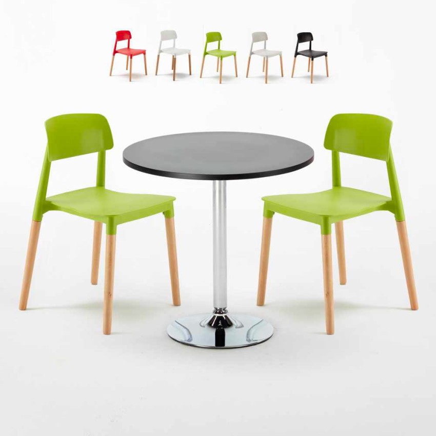 Table Ronde Noire 70x70 et 2 Chaises Colorées Bar Café Barcellona Cosmopolitan Réductions