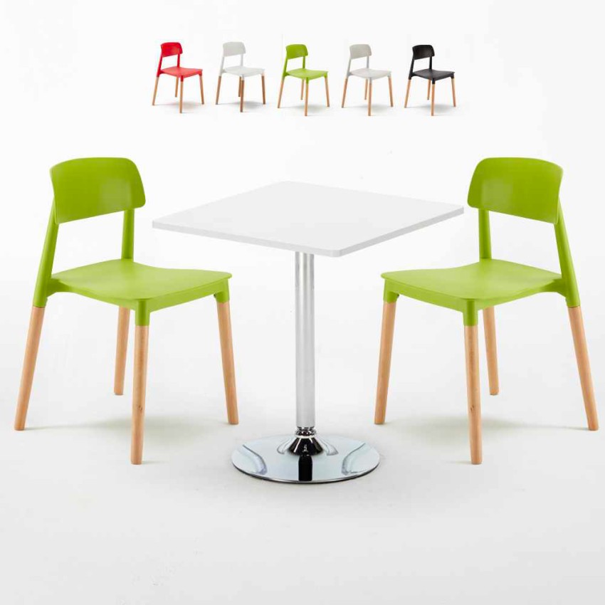 Table carrée blanche 70x70 2 Chaises Colorées intérieur bar café Barcellona Cocktail Réductions Table carrée blanche 70x70 2 Chaises Colorées intérieur bar café Barcellona Cocktail Réductions