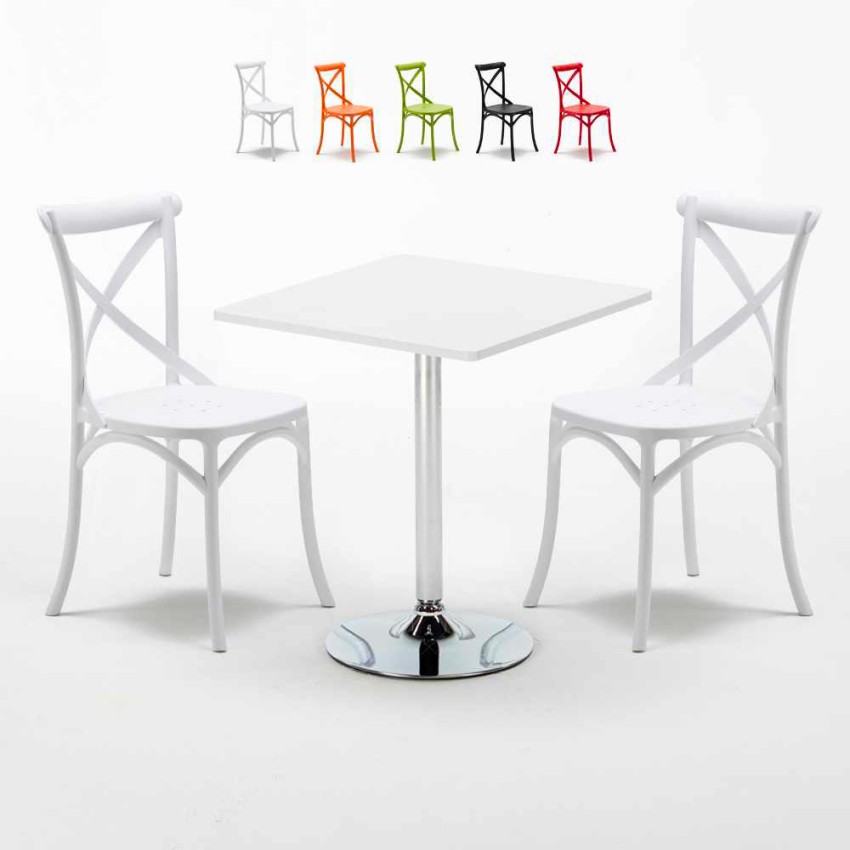 Vierkante salontafel wit 70x70 cm en 2 gekleurde stoelen Vintage Cocktail Aanbod