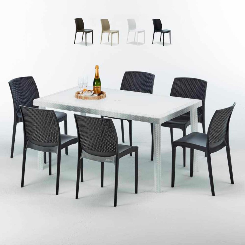 Rechthoekige salontafel wit 150x90 cm met stalen onderstel en 4 gekleurde stoelen Boheme Summerlife Korting