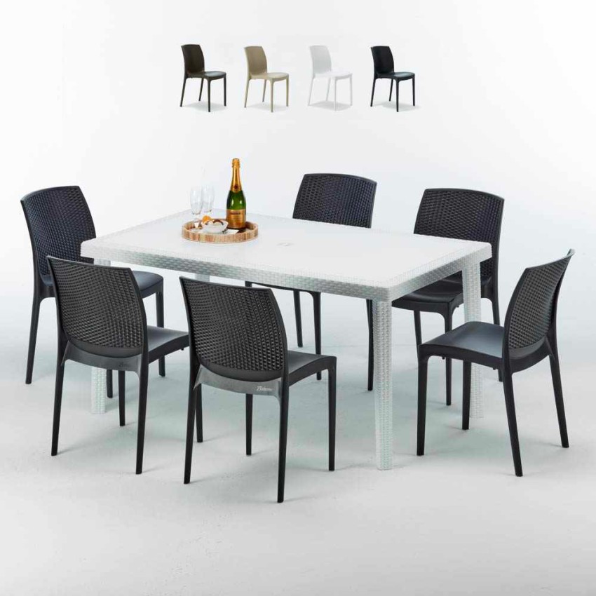 Table Rectangulaire Blanche 150x90cm Avec 6 Chaises Colorées Grand Soleil Set Extérieur Bar Café Boheme SummerLIFE Remises