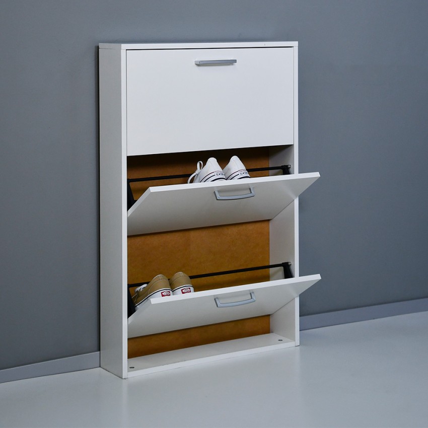 Ruimtebesparend schoenenrek met design, 3 deuren, 9 paar schoenen, wit KimShoe 3WS Aanbieding Ruimtebesparend schoenenrek met design, 3 deuren, 9 paar schoenen, wit KimShoe 3WS Aanbieding