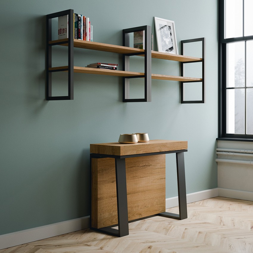 Moderne, uitschuifbare design console 90x40-288cm hout metaal Asia Oak Aanbieding Moderne, uitschuifbare design console 90x40-288cm hout metaal Asia Oak Aanbieding