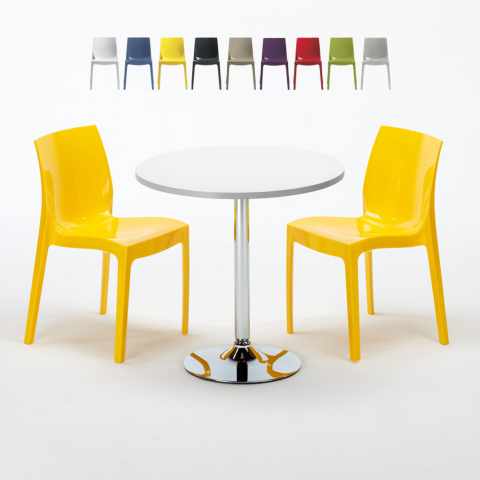 Table Ronde Blanche 70x70cm Avec 2 Chaises Colorées Grand Soleil Set Intérieur Bar Café Ice Long Island