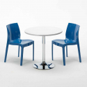 Ronde salontafel wit 70x70 cm met stalen onderstel en 2 gekleurde stoelen Ice Long Island Kosten