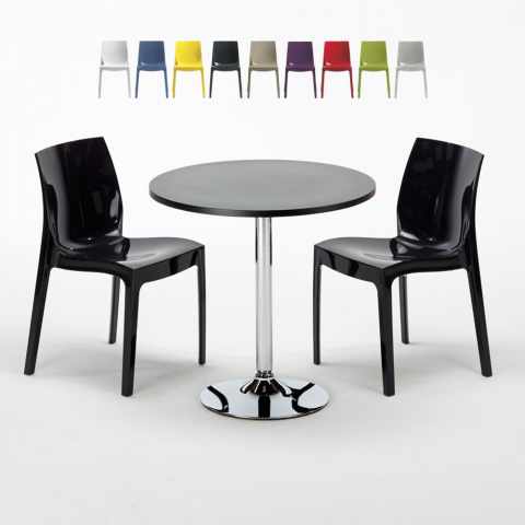 Ronde salontafel zwart 70x70 cm met stalen onderstel en 2 gekleurde stoelen Ice Cosmopolitan