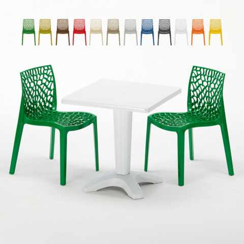Vierkante salontafel wit 70x70 cm met stalen onderstel en 2 gekleurde stoelen Gruvyer Patio