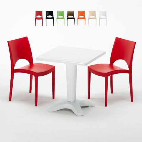 Vierkante salontafel wit 70x70 cm met stalen onderstel en 2 gekleurde stoelen Paris Patio