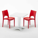 Vierkante salontafel wit 70x70 cm met stalen onderstel en 2 gekleurde stoelen Paris Patio Model