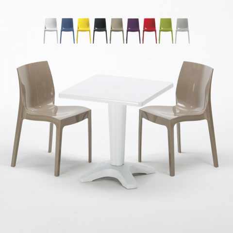 Vierkante salontafel wit 70x70 cm met stalen onderstel en 2 gekleurde stoelen Ice Patio