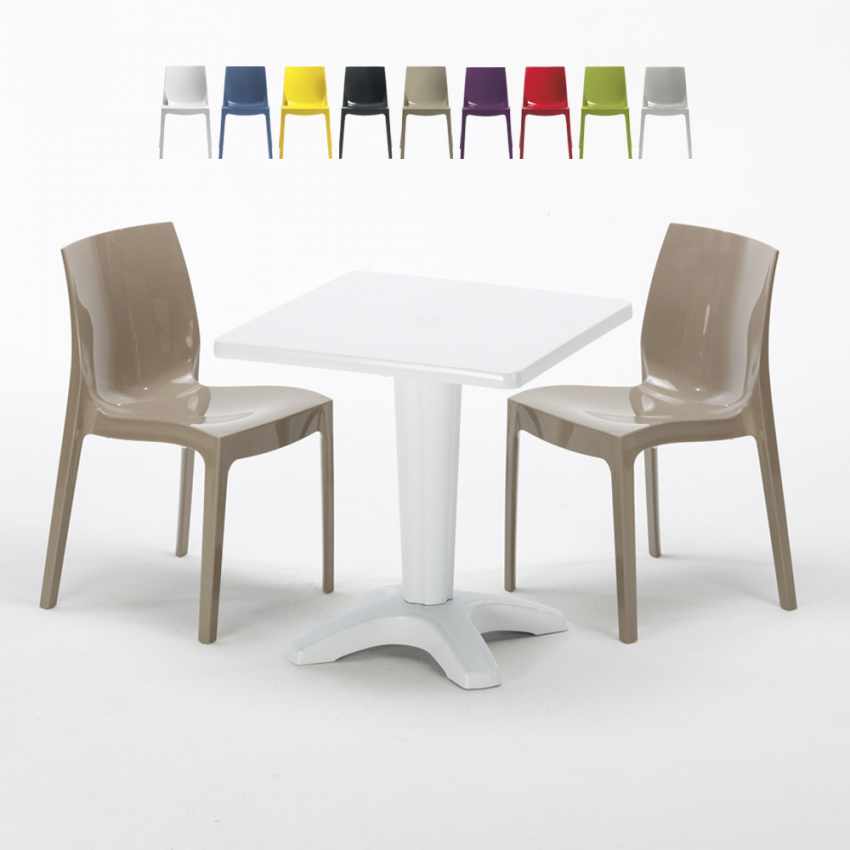 Table Carrée Blanche 70x70cm Avec 2 Chaises Colorées Grand Soleil Set Bar Café Ice Patio Promotion