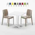 Vierkante salontafel wit 70x70 cm met stalen onderstel en 2 gekleurde stoelen Ice Patio Aanbieding