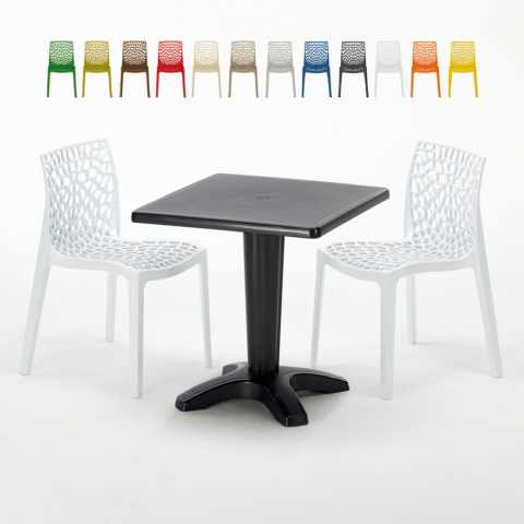Table Carrée Noire 70x70cm Avec 2 Chaises Colorées Grand Soleil Set Bar Café Gruvyer Aia Promotion