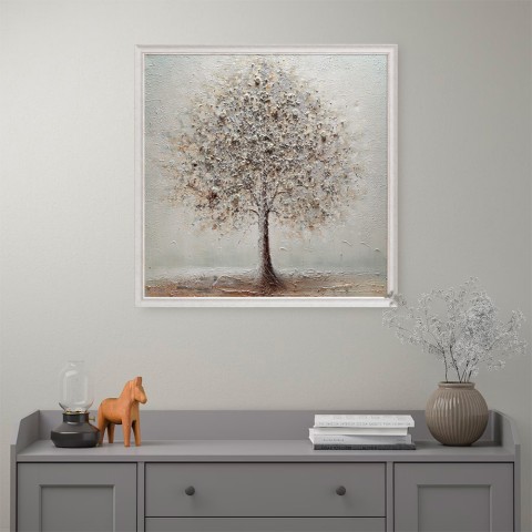 Handgeschilderd canvas schilderij zilveren boom lijst 100x100 cm W641 Aanbieding