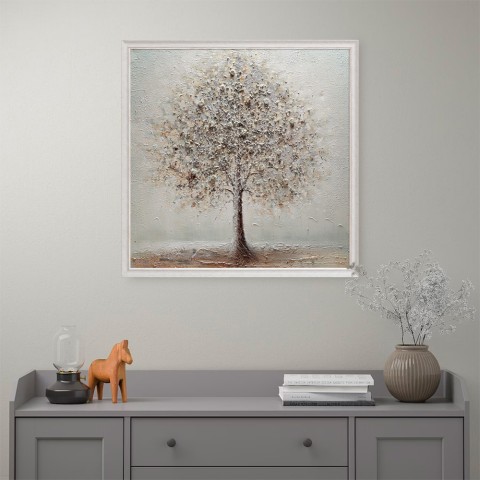 Handgeschilderd canvas verzilverd boom frame 100x100cm W641 Aanbieding