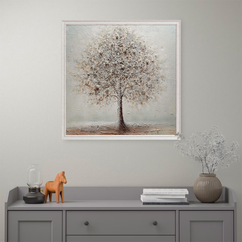 Handgeschilderd canvas schilderij zilveren boom lijst 100x100 cm W641 Aanbieding