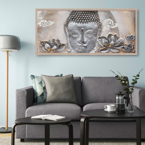Handgeschilderd schilderij op canvas Boeddha met lijst 65x150cm B218 Aanbieding