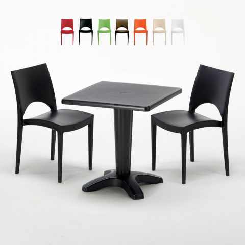 Vierkante salontafel zwart 70x70 cm met stalen onderstel en 2 gekleurde stoelen Paris Aia