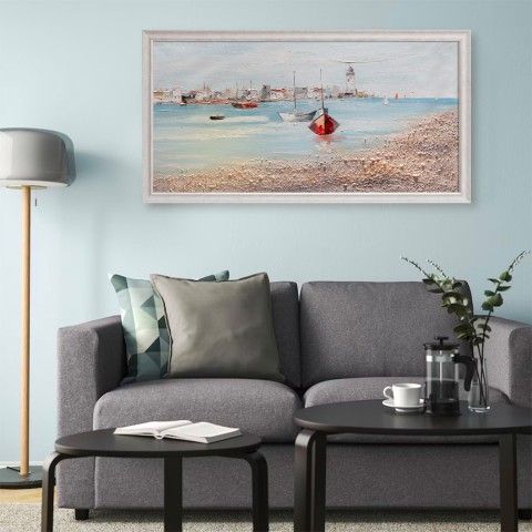 Handgeschilderd schilderij op doek haven met boten 60x120cm W627 Aanbieding