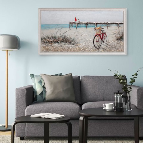 Handgeschilderd doek zeehaven strand 60x120cm met lijst W628 Aanbieding