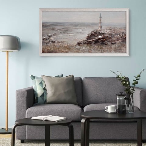 Handgeschilderd doek vuurtoren op rotsen met lijst 60x120cm W629 Aanbieding