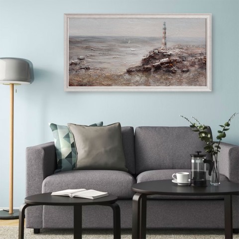 Tableau moderne Peinture phare rochers peinte à la main sur toile cadre 60 × 120 cm W629