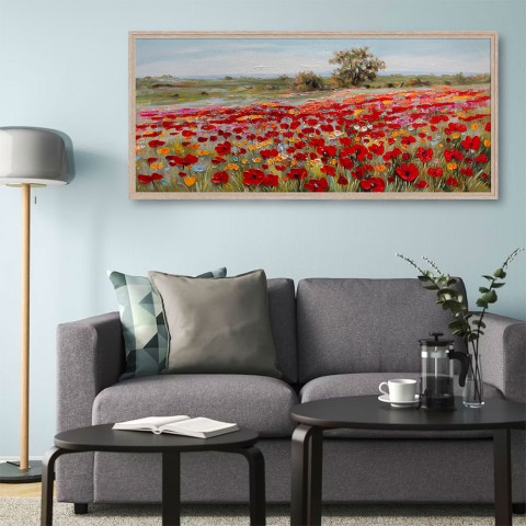 Handgeschilderd schildersdoek veld rode klaprozen 65x150cm W634 Aanbieding