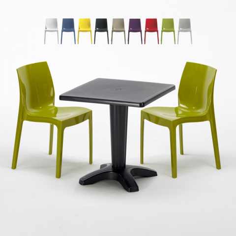 Vierkante salontafel zwart 70x70 cm met stalen onderstel en 2 gekleurde stoelen Ice Aia