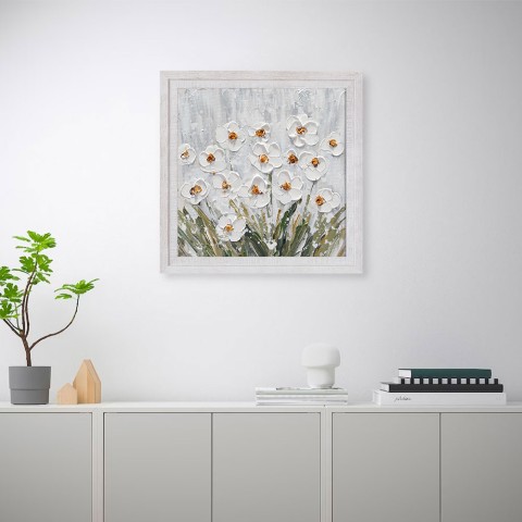 Handgeschilderd schilderij op canvas weide witte bloemen met lijst 30x30cm Z501 Aanbieding