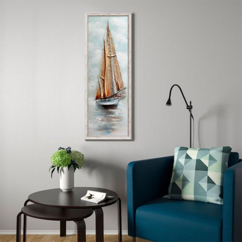 Handgeschilderd schilderij Zeilboot op canvas 30x90cm met lijst Z421 Aanbieding