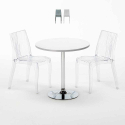 Ronde salontafel wit 70x70 cm met stalen onderstel en 2 transparante stoelen Dune Silver Aanbieding