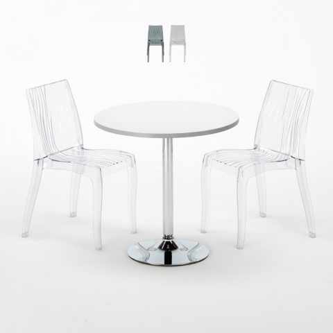 Ronde salontafel wit 70x70 cm met stalen onderstel en 2 transparante stoelen Dune Silver